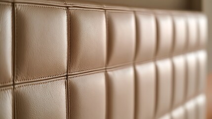 Fototapeta premium Luxurious beige padded leather headboard texture with square stitching.
