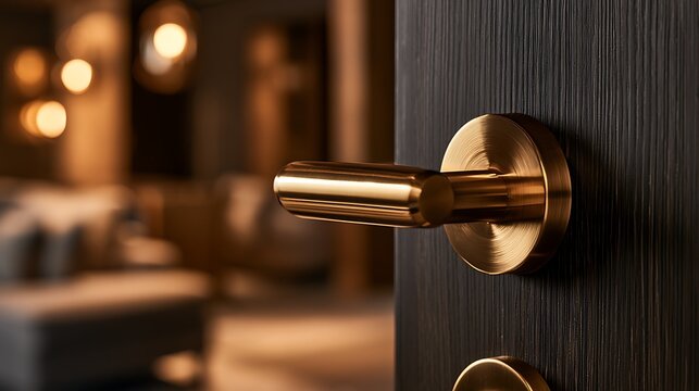 Modern brass door handle on a dark textured door in a luxurious interior.