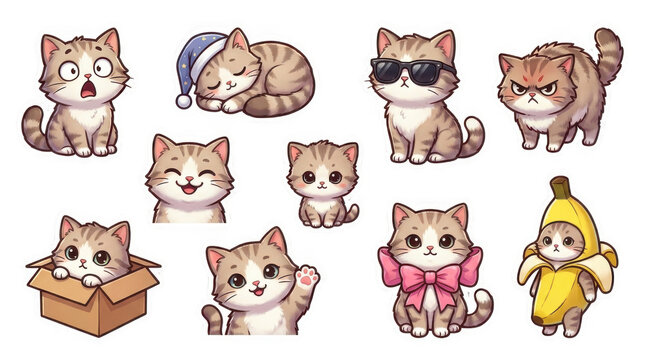 Cute cartoon cat sticker set with funny expressions and cute poses