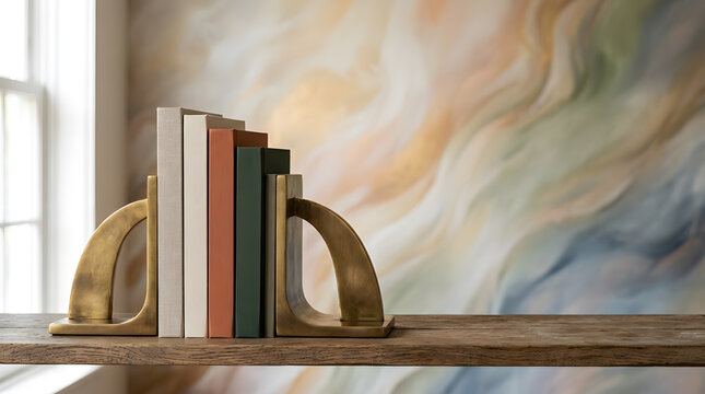 Modern brass bookends holding colorful hardcover books on a rustic wooden shelf against an abstract watercolor wallpaper background