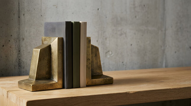 Three linen covered books held by vintage brass bookends on a light wood shelf against a gray concrete wall in a minimalist office interior.