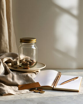 Financial wellness still life with savings tracker debit card coins and jar showcasing emergency fund household finance and Sunday reset