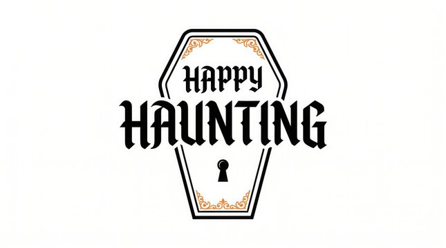 Happy haunting text design featuring a gothic coffin outline with decorative ornate corner swirl accents with haunting inside minimalist