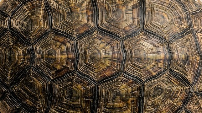 macro close up of giant tortoise shell pattern brown and black hexagonal scales texture for natural background design