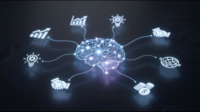 Concept of digital brain with various icons representing finance, teamwork, and innovation connected to a central point
