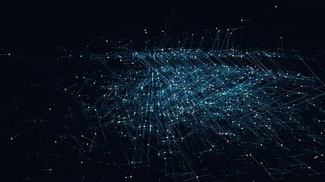Abstract quantum data network of glowing cyan nodes evolving through layered digital strata and vertical compute pillars in a seamless technology motion background.
