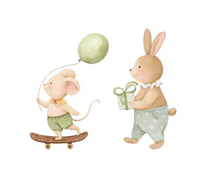 Bunny with gift and mouse with balloon on skateboard, cute watercolor isolated illustration for kids print, childish wallpapers, decoration holiday, cards or poster. Hand drawn cartoon characters.