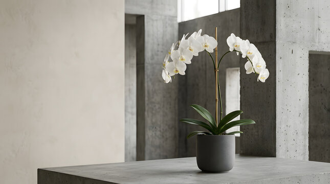 White phalaenopsis moth orchid in a grey ceramic pot on a concrete surface in a minimalist modern interior