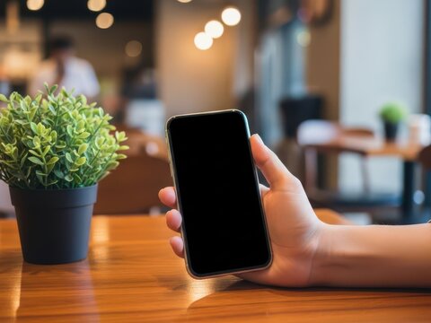 Hand holding smartphone in cozy cafe setting