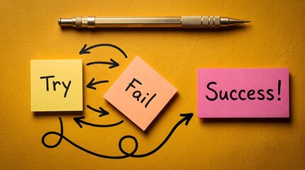 Fototapeta premium Business concept with sticky notes labeled try fail success arrows yellow background determination perseverance