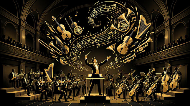 Conductor Leading Majestic Symphony Orchestra Amidst Swirling Musical Notes and Instruments