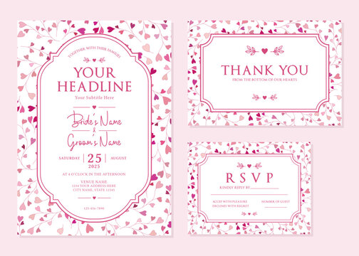 Magenta Pink Heart Floral Wedding Invitation Suite Vector Template

