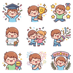 Fototapeta premium Set of Cute Cartoon Kids Celebrating Success Achievements and Graduation Moments