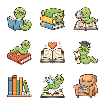 Cute Cartoon Bookworm Characters Reading and Studying Illustration Set