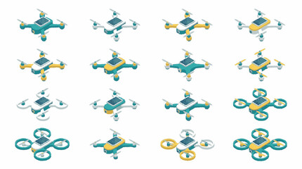 Minimalist Collection of Colorful Quadcopter Drones with LEGO like Battery Compartments in Teal Yellow and White © Kiki
