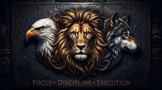 Detailed emblem featuring eagle lion and wolf with motivational text with wolf textured background text