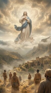 Divine Mary ascension: holy Assumption, gaze upward, golden cloud, rocky hill, ancient village, witness miracle, pious follower, transcend sky, spiritual wonder.