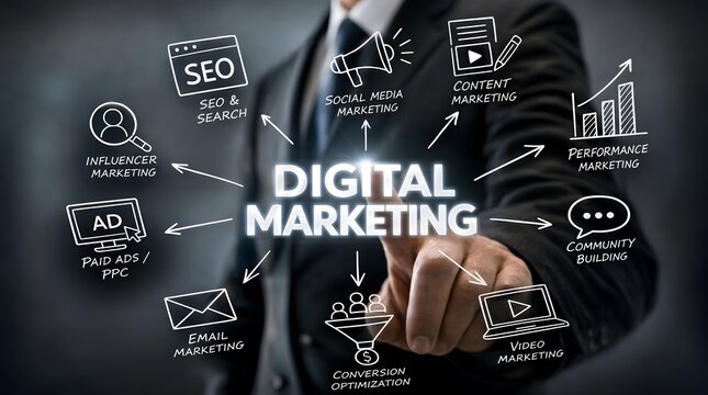 Professional businessman engaging with digital marketing strategy icons on virtual interactive touchscreen interface concept