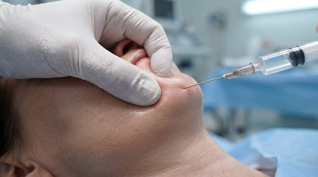 Gloved Hand Performing Botox Injection Near Patient Lower Jaw with Syringe
