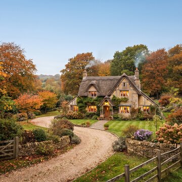 Charming English cottage in autumn, a picturesque stone house with thatched roof and glowing windows, surrounded by vibrant fall foliage and a winding gravel driveway