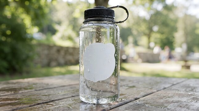 Blank Die Cut Vinyl Sticker Mockup on Clear Plastic Water Bottle with Condensation Droplets