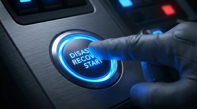 Gloved hand pressing disaster recovery start button