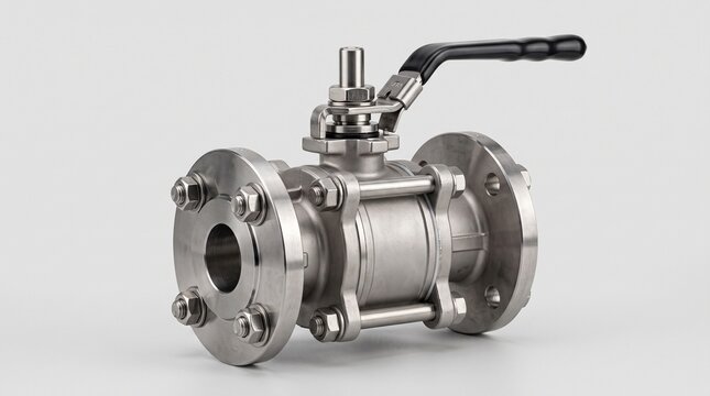 Industrial stainless steel ball valve with flanged pipe connection.