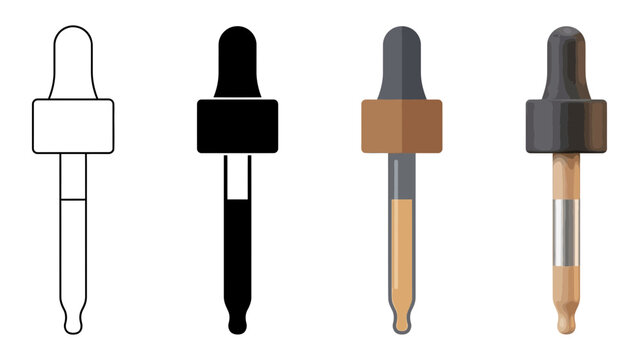Medical eye dropper icons set, 4 glass pipette vector illustrations, laboratory liquid dropper tools for skincare and science