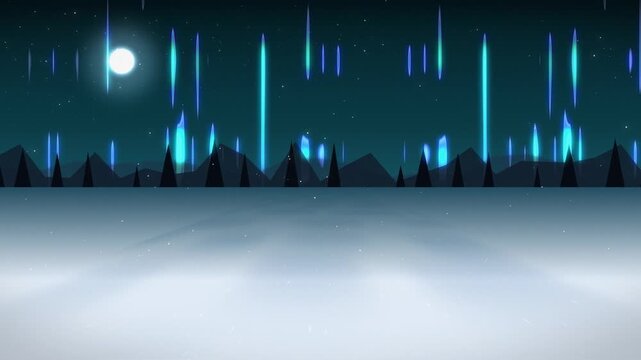 Northern lights over snowy landscape at night. 2d animation