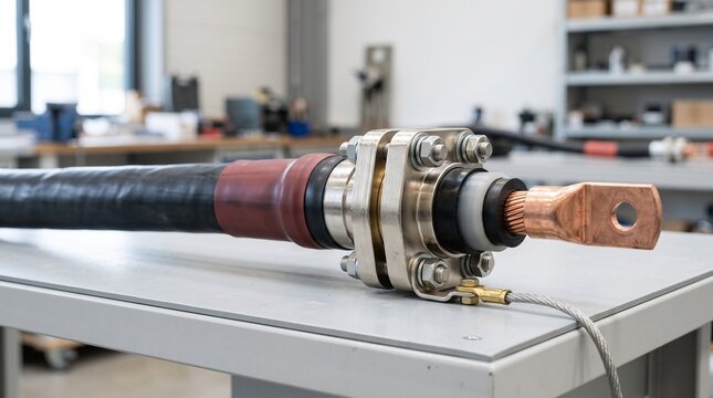 High voltage cable termination with copper lug and flange.