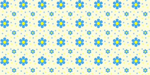 Seamless pattern with blue flowers and colorful polka dots on a light yellow background. Sweet vector illustration for fabric, wallpaper, or paper. © Muhamad