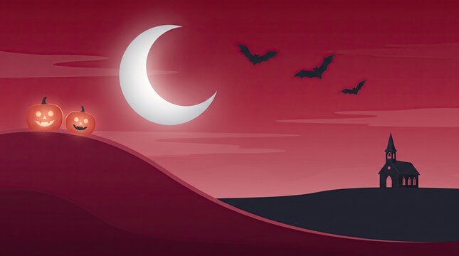 Halloween night landscape vector background with crescent moon glowing pumpkins bats and church silhouette on dark red hills