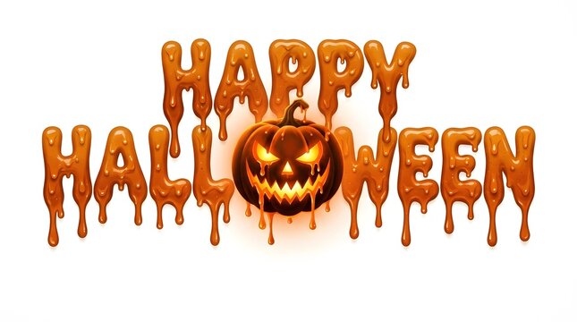 Happy halloween melting orange slime text isolated on white background