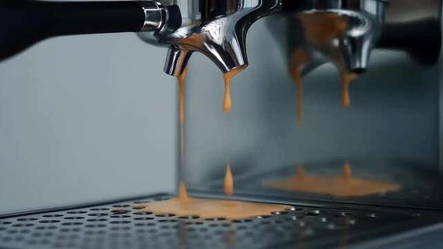 Espresso Preparation Macro with Slow, Rich Crema Dripping From the Portafilter, Showcasing a Detailed Coffee Extraction Process.