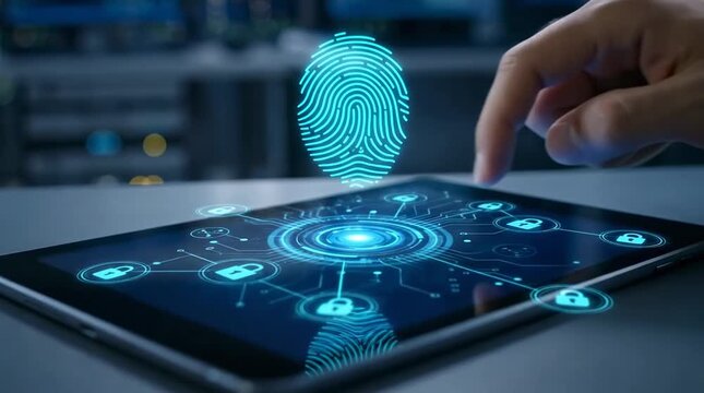 Biometric fingerprint scan on digital tablet screen