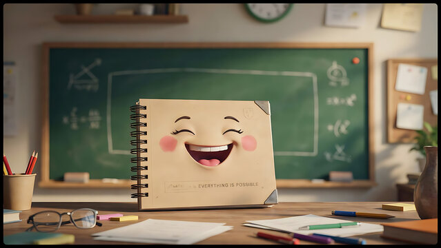 Spiral bound notebook with a smiling face cover sits on a wooden desk