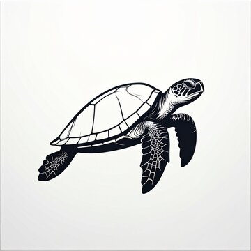 Black and white illustration of a swimming sea turtle.