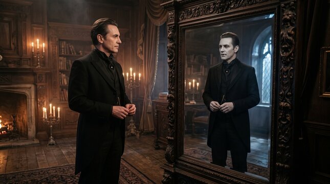 Vampire or count dracula in vintage room with ornate mirror reflection