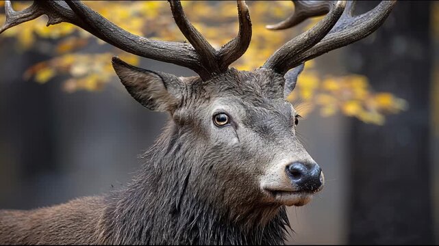 Wild deer with antlers stands in a forest during autumn season