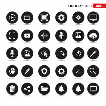 Black and white screen capture and tools icons set