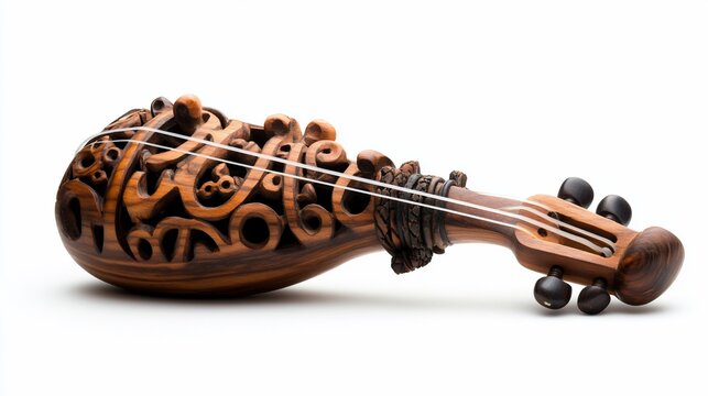 Ornate stringed instrument with intricately carved body, lying horizontally
