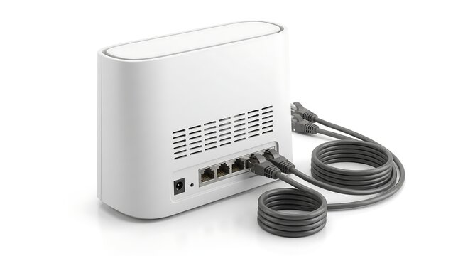 White wireless internet router with ethernet cables connected.