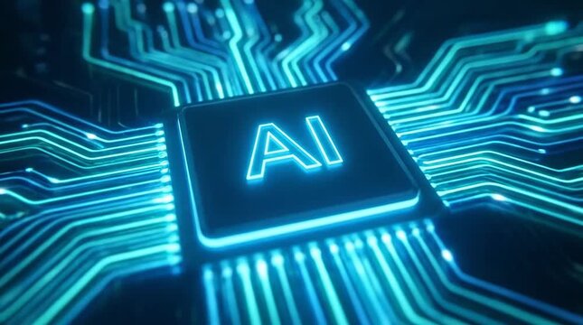 Camera zooming into a glowing AI microchip