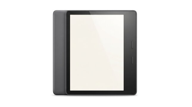 Modern digital e-reader device with blank white screen isolated on white background.