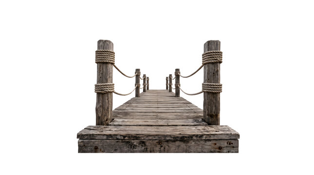 Rustic wooden pier with rope railing on white, seaside dock structure, timber platform