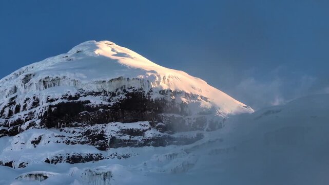 Cinematic Aerial Shot of Snowy Volcano Peak in Morning Mist