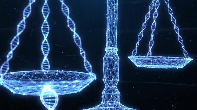 Digital scales of justice with dna helix
