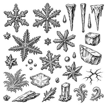 Ice crystals and snowflakes engraving set