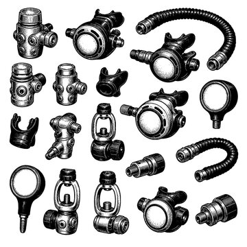 Scuba regulators engraving illustration set