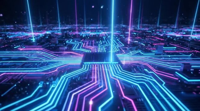 Digital circuit board with glowing neon light paths